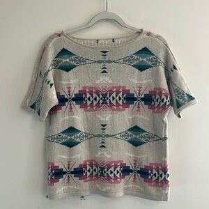 Chaps‎ Cotton Linen Sweater Tee Aztec Southwest Boho Tribal Spring Casual Tan